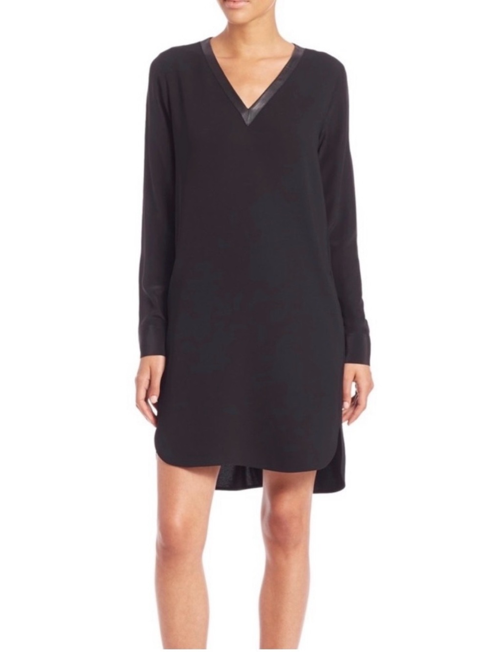 Vince Faux Leather Trim Black V-Neck Long Sleeve Dress
